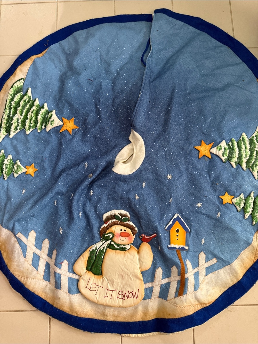 Vintage Felt Holiday Snowman Tree Skirt with Wood and “Puffy” Decorations